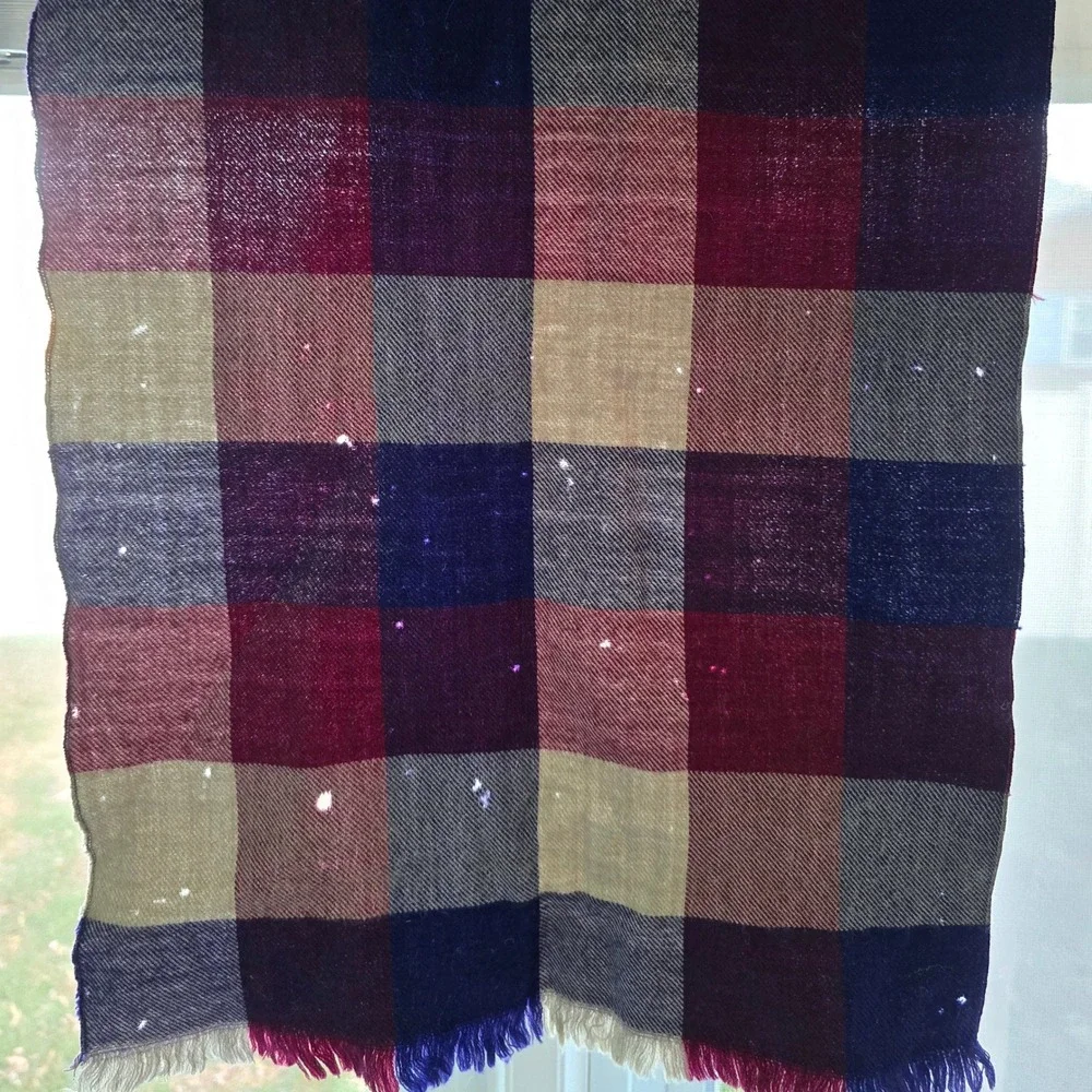 Vintage Men's Plaid Scarf Navy Maroon Checkered Fringe 1970s Winter Warm